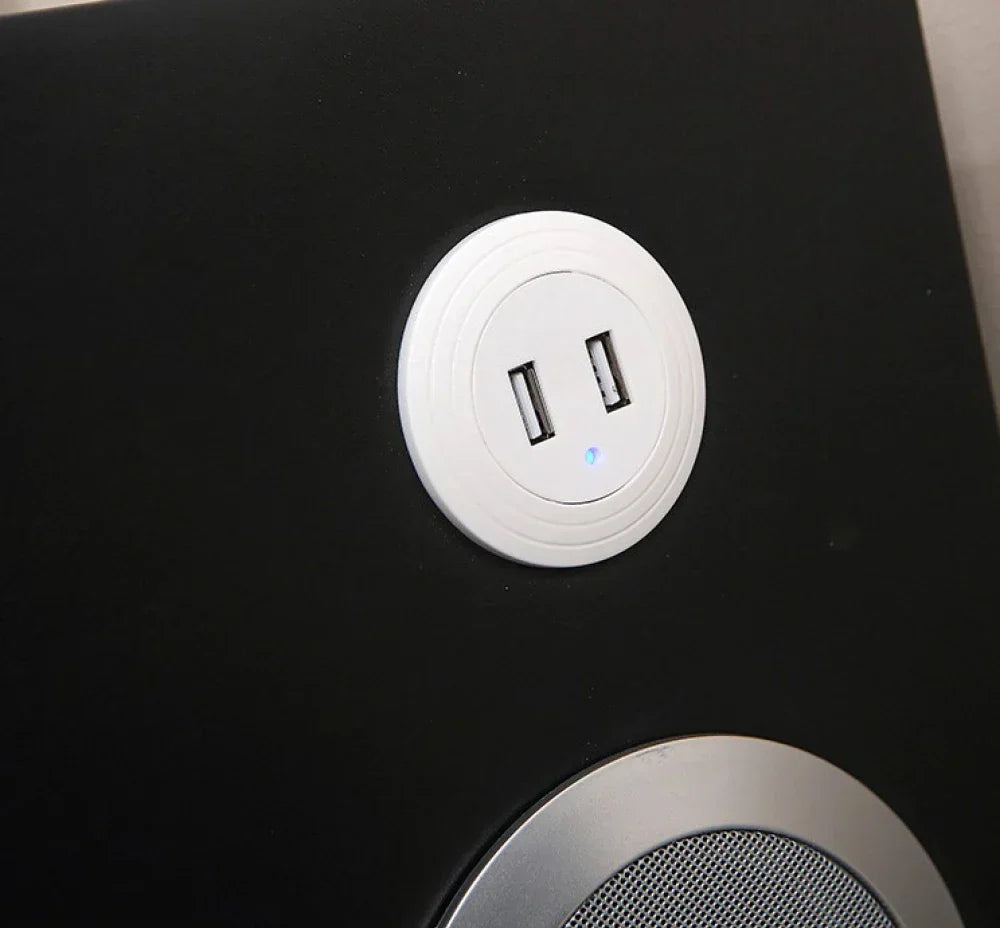 Noptiera Smart Multifunctionala, iluminare LED tactil cu 3 culori, incarcare wireless si USB, difuzor Bluetooth, 2 sertare