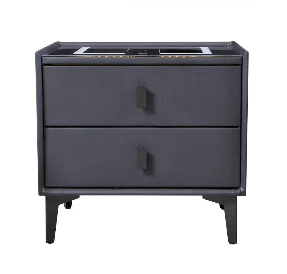 Noptiera Smart Multifunctionala, iluminare LED tactil cu 3 culori, incarcare wireless si USB, difuzor Bluetooth, 2 sertare