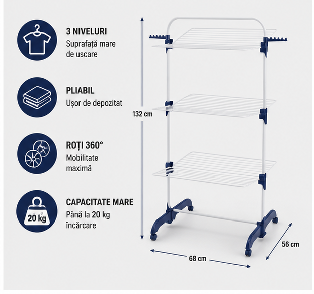 Uscător de rufe pliabil, 3 niveluri, compact 105 cm