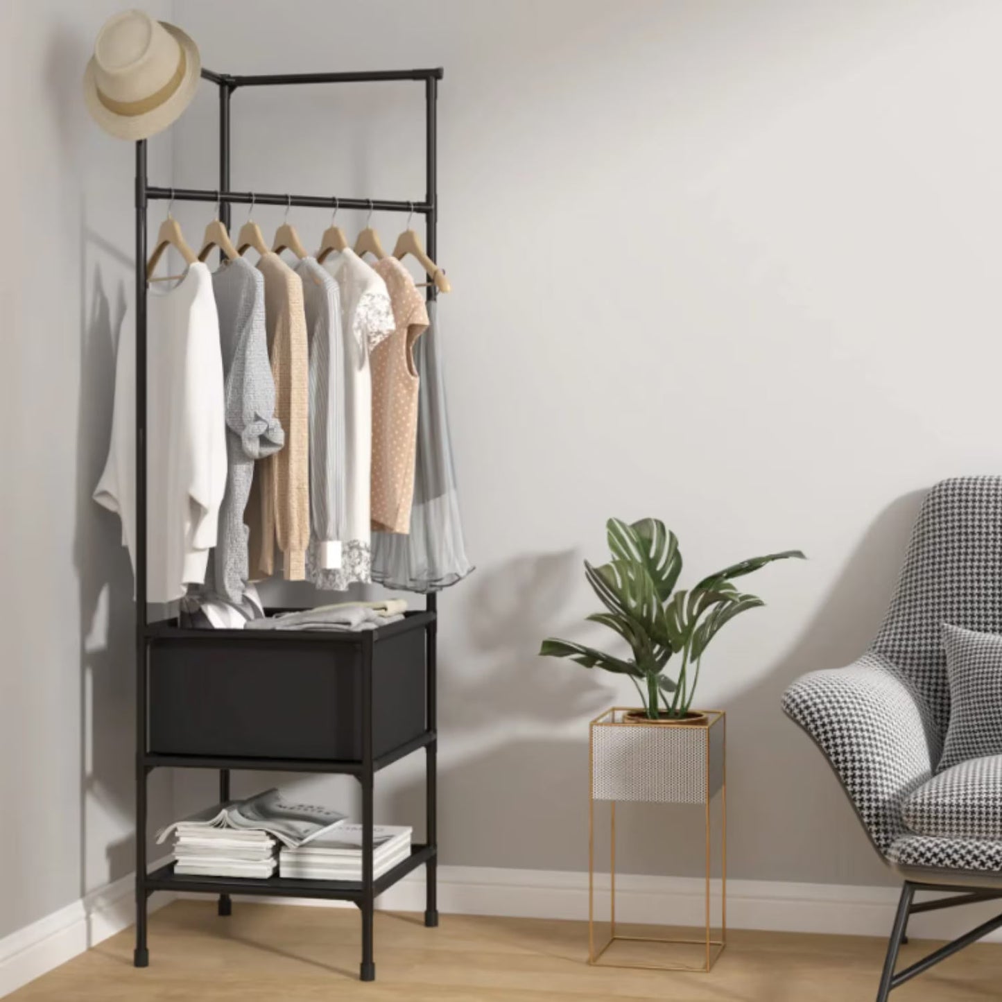 Suport 3 in 1, Spatiu pentru Depozitare, Cuier, Suport Incaltaminte, pe Cot/ 60x28x154 cm