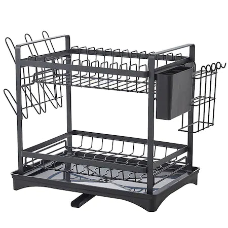 Raft scurgator de vase, 3 niveluri, 3 separatoare, cu suport pentru tacamuri, inox, dimensiuni 42x23x61, negru