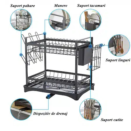 Raft scurgator de vase, 3 niveluri, 3 separatoare, cu suport pentru tacamuri, inox, dimensiuni 42x23x61, negru