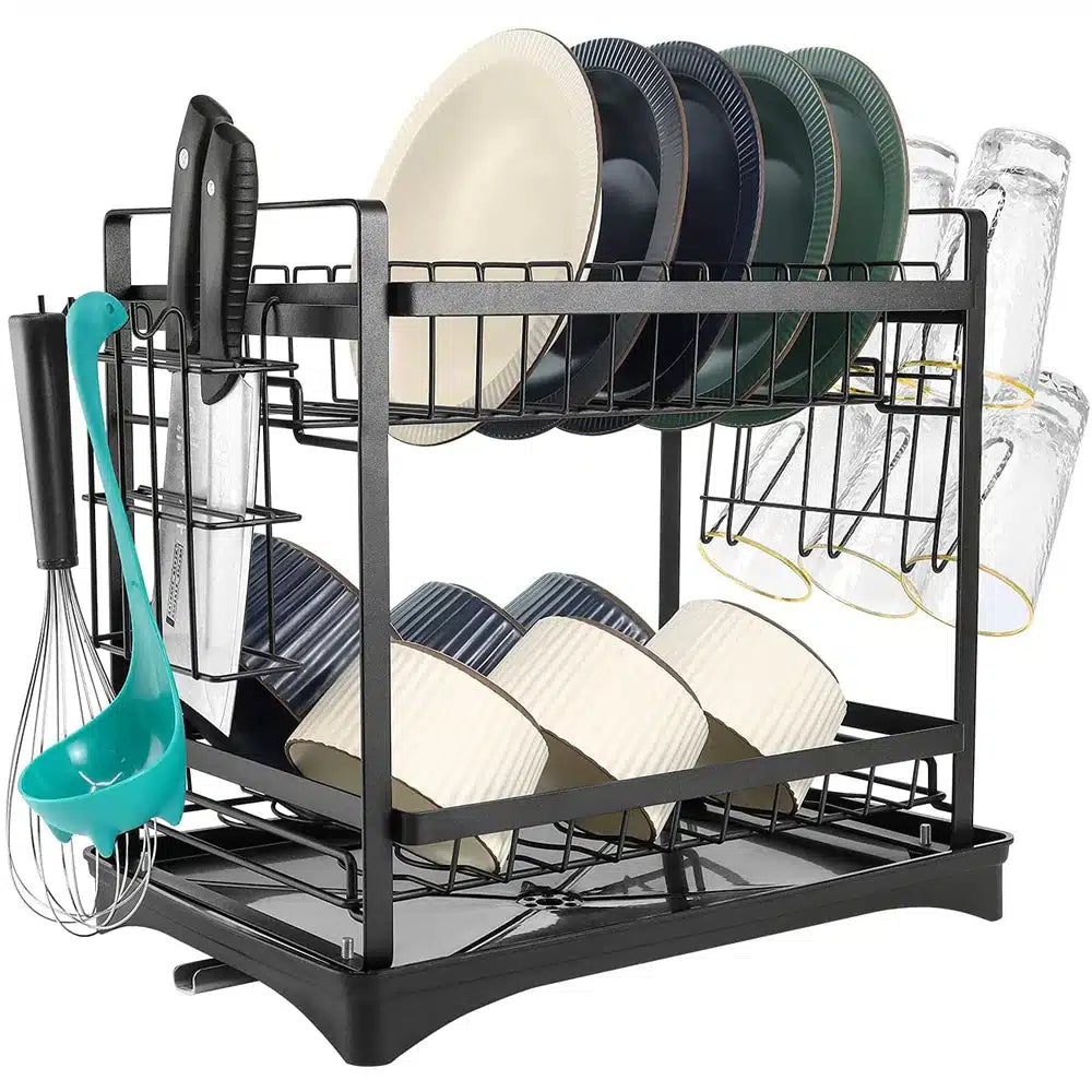 Raft scurgator de vase, 3 niveluri, 3 separatoare, cu suport pentru tacamuri, inox, dimensiuni 42x23x61, negru