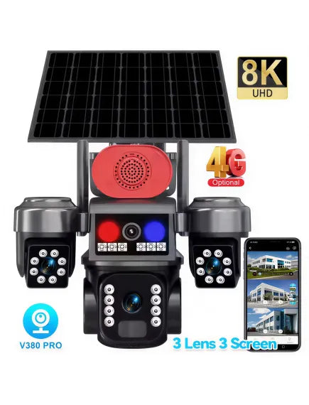 Camera Supraveghere 4G cu Panou Solar Tip Crocodil, 3 Camere rotative 720 , 15 MP (5 + 5 + 5MP), 8K (Copy)